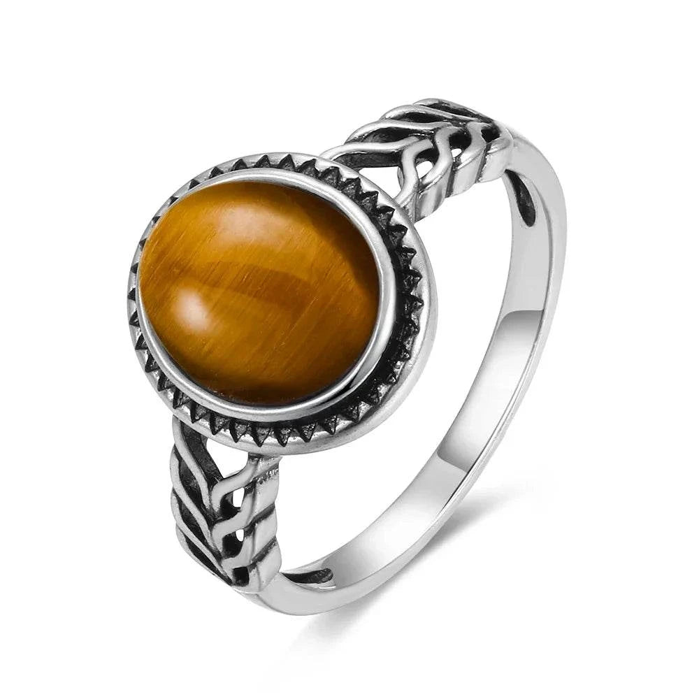 Vintage S925 Sterling Silver Ring Oval Round Natural Tiger Eye Ring Sun And Flower Shaped Retro Fine Jewelry For Women Men - Flamingo Stores