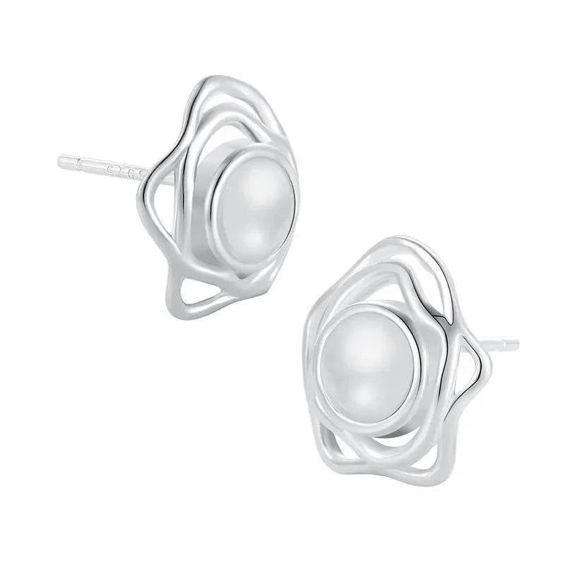 925 Sterling Silver Stud Earrings with Natural Onyx Stone Black and White Irregular Geometric Arc Design Stud Earrings for Women - Flamingo Stores