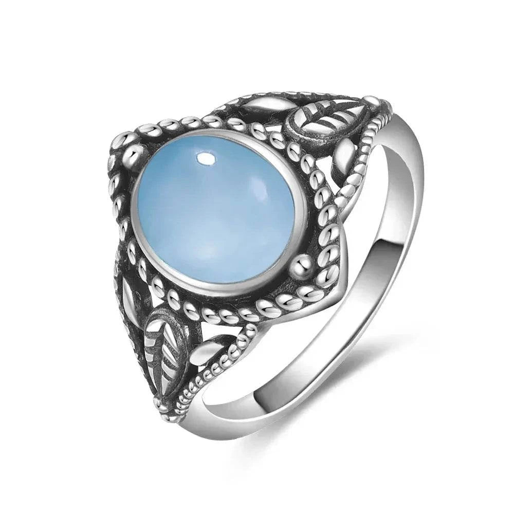 Vintage S925 Sterling Silver Ring Round Natural Lake Blue Crystal Ring Sun And Flower Shaped Retro Fine Jewelry For Women Men - Flamingo Stores