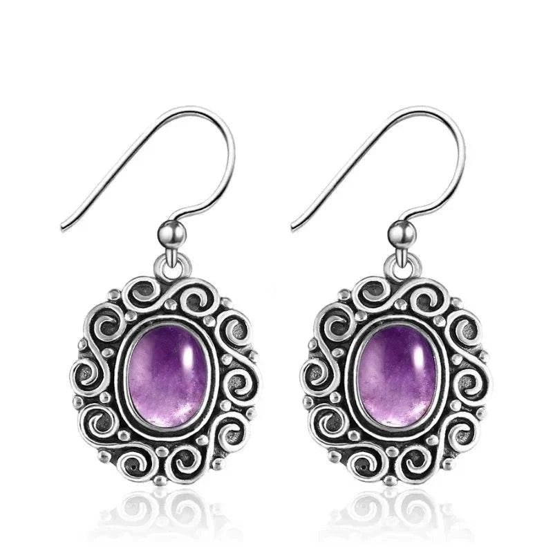 925 Sterling Silver Moonstone Drop Earrings for Women Oval Amethyst Charoite Earring Party Wedding Gift Jewelry Blue Sandstone - Flamingo Stores