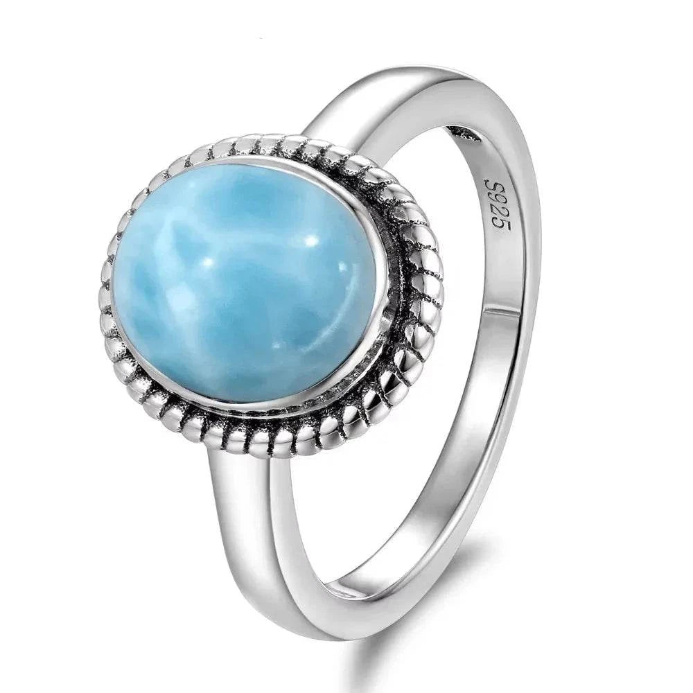 Vintage 925 Silver Natural Larimar Stone Ring Round Flower Shape Sky Blue Sea Water Ring Fine Jewelry Ring Gift For Women Men - Flamingo Stores