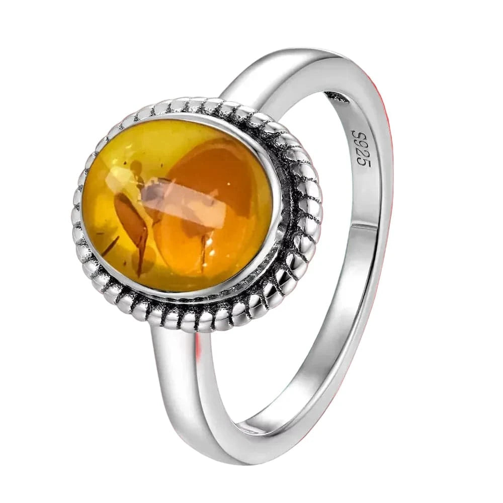 S925 Sterling Silver Ring With Natural Amber Stone Flower Shape Oval Petal Amber Stone Gifts Fine Jewelry For Women Flamingo Stores