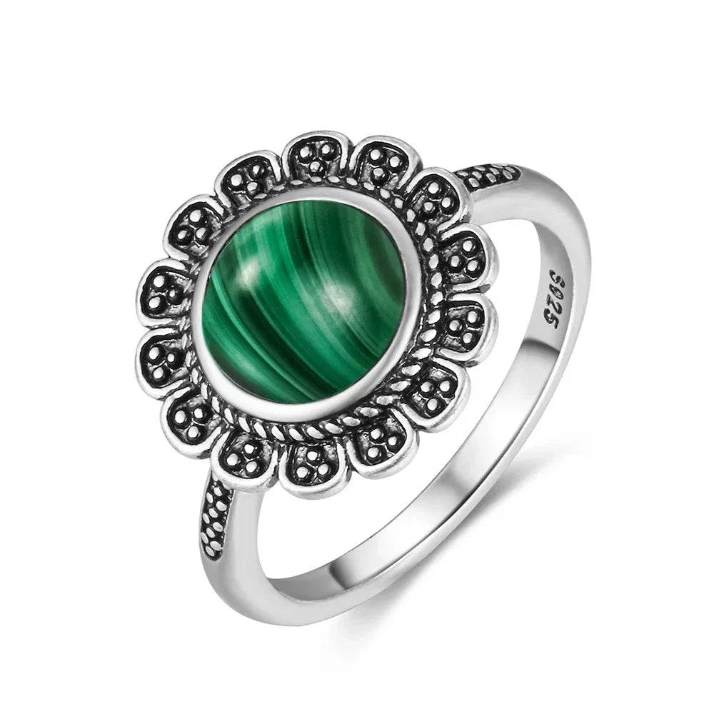 Vintage S925 Sterling Silver Ring Oval Round Natural Malachite Ring Sun And Flower Shaped Retro Fine Jewelry For Women Men - Flamingo Stores