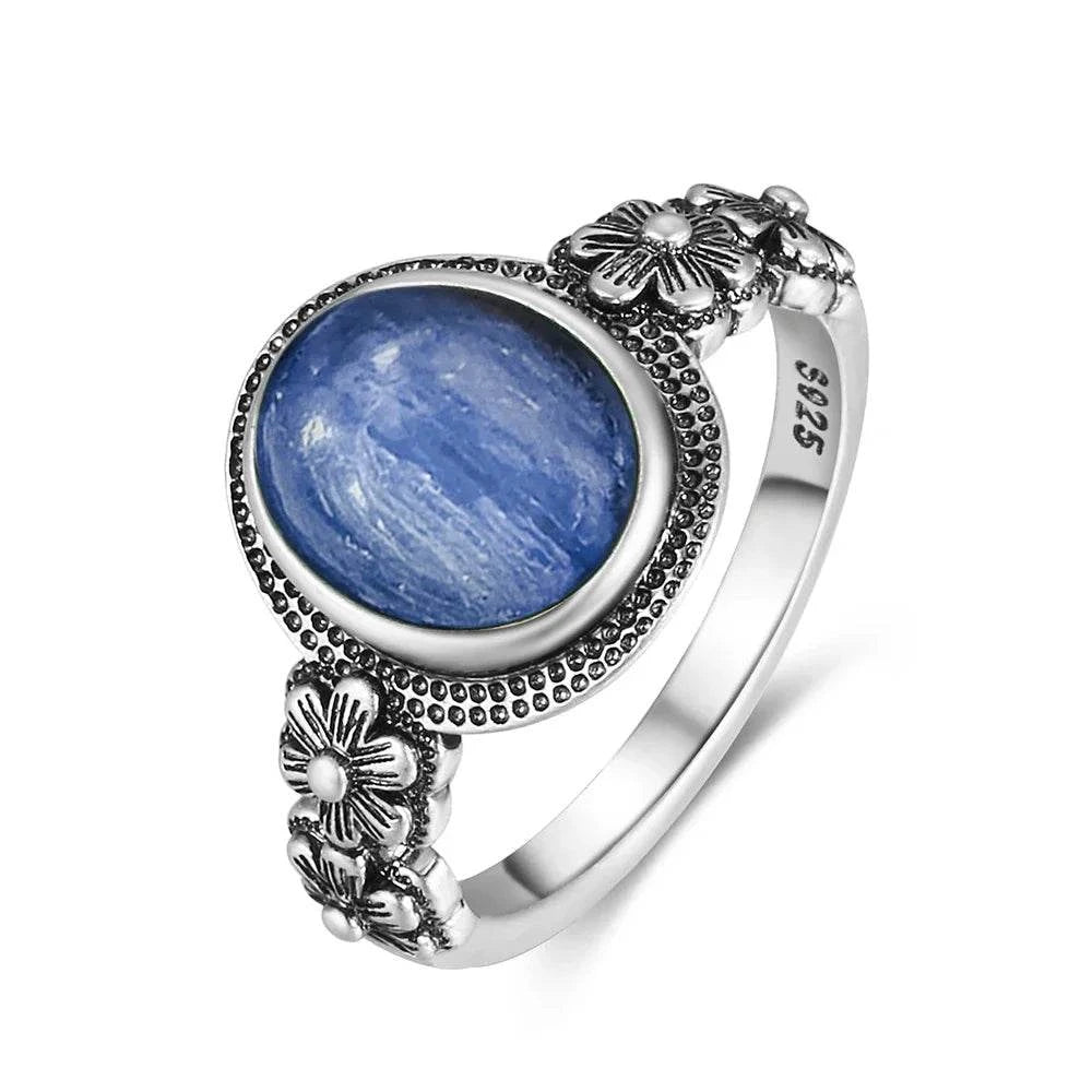 Vintage S925 Sterling Silver Ring Oval Round Natural Kyanite Ring Sun And Flower Shaped Retro Fine Jewelry For Women Men - Flamingo Stores