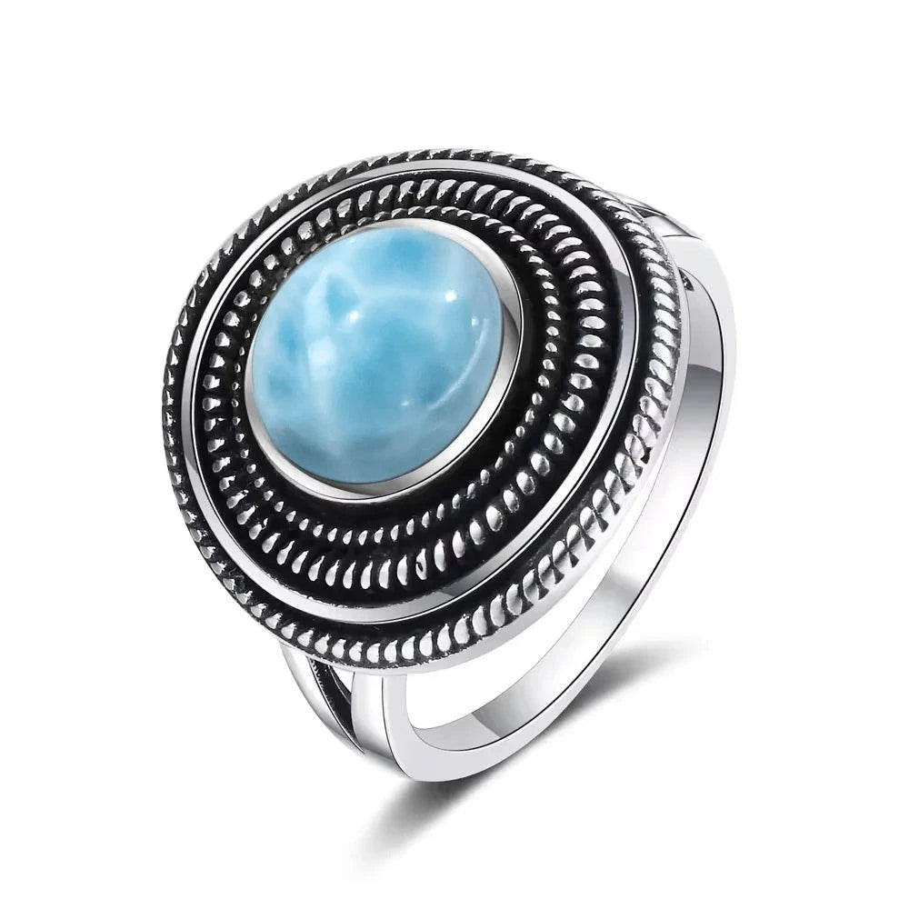 Vintage 925 Silver Natural Larimar Stone Ring Round Flower Shape Sky Blue Sea Water Ring Fine Jewelry Ring Gift For Women Men - Flamingo Stores