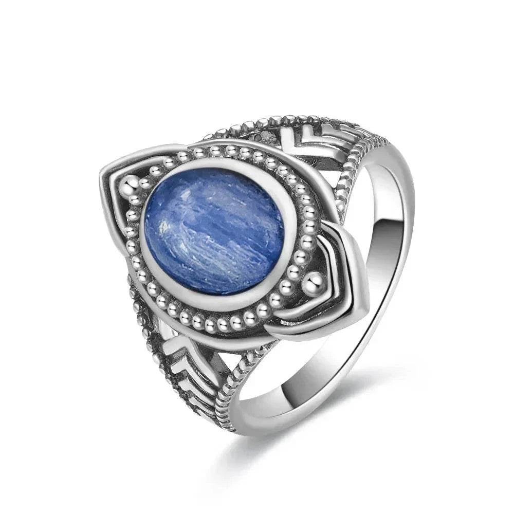 Vintage S925 Sterling Silver Ring Oval Round Natural Kyanite Ring Sun And Flower Shaped Retro Fine Jewelry For Women Men - Flamingo Stores