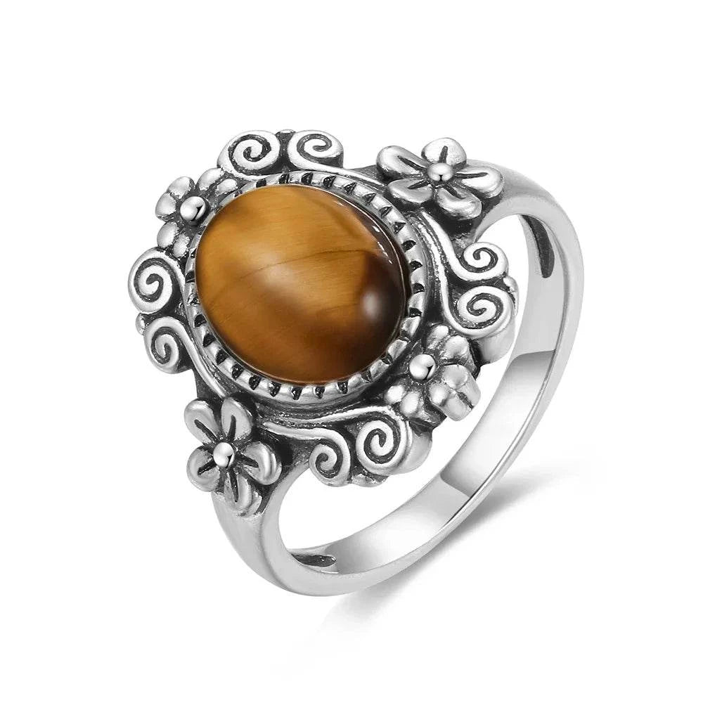 Vintage S925 Sterling Silver Ring Oval Round Natural Tiger Eye Ring Sun And Flower Shaped Retro Fine Jewelry For Women Men - Flamingo Stores