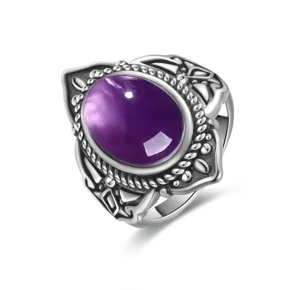 Vintage S925 Sterling Silver Ring Oval Round Natural Amethyst Ring Sun And Flower Shaped Retro Fine Jewelry For Women Men - Flamingo Stores