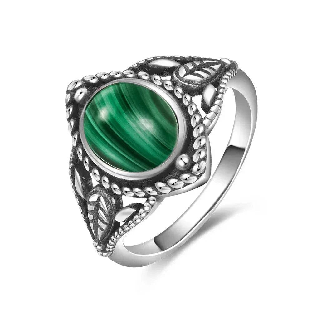 Vintage S925 Sterling Silver Ring Oval Round Natural Malachite Ring Sun And Flower Shaped Retro Fine Jewelry For Women Men - Flamingo Stores
