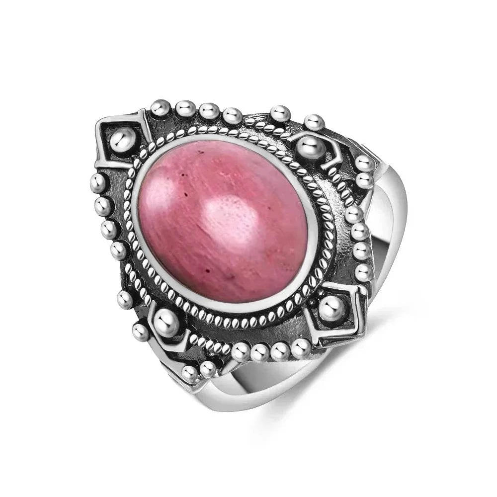 Vintage S925 Sterling Silver Ring Oval Round Natural Rhodochrosite Ring Sun And Flower Shaped Retro Fine Jewelry For Women Men - Flamingo Stores