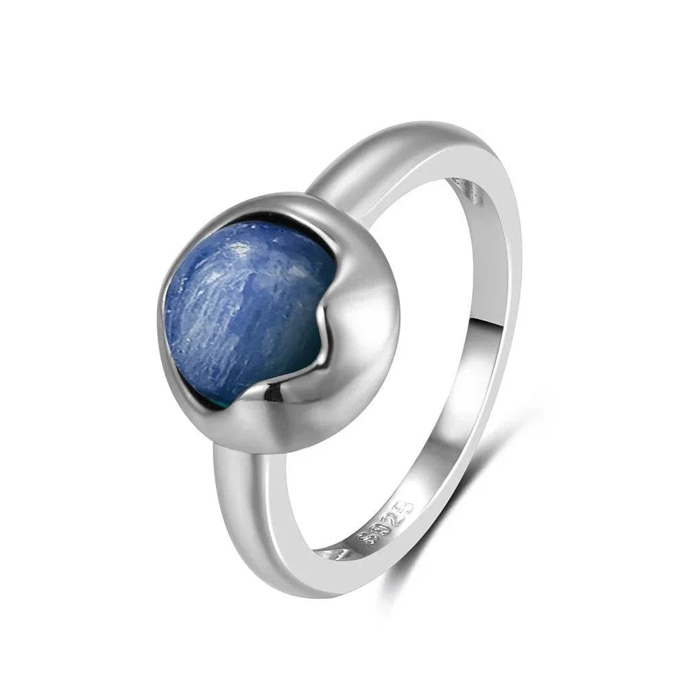 Vintage S925 Sterling Silver Ring Oval Round Natural Kyanite Ring Sun And Flower Shaped Retro Fine Jewelry For Women Men - Flamingo Stores