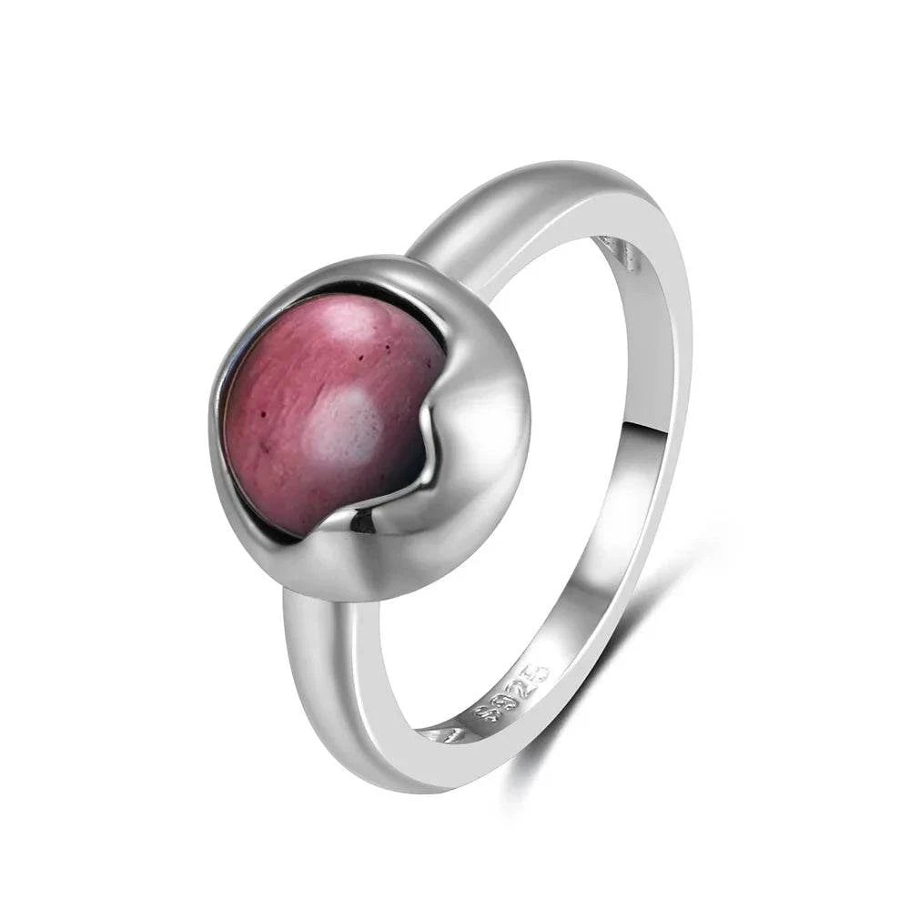Vintage S925 Sterling Silver Ring Oval Round Natural Rhodochrosite Ring Sun And Flower Shaped Retro Fine Jewelry For Women Men - Flamingo Stores