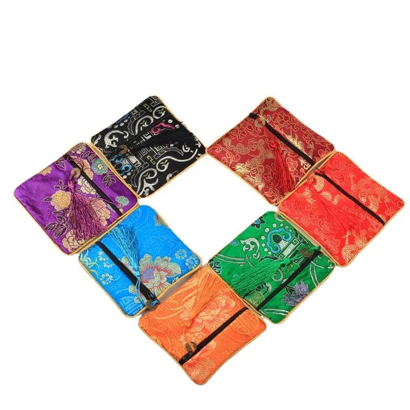 1pc Chinese Brocade Zipper Jewelry Bag Gift Pouch Square with Flower Pattern for Gift Packaging Shopping Storage Pouche - Flamingo Stores