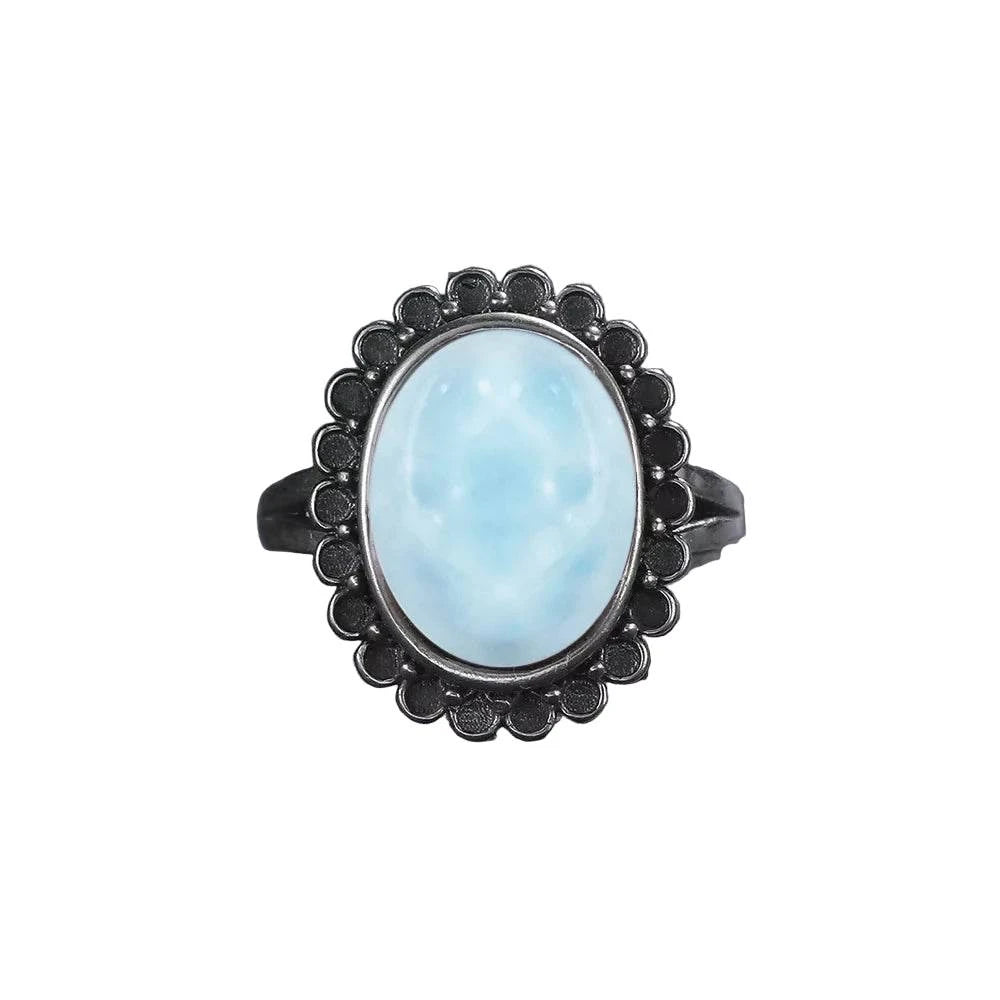 Vintage 925 Silver Natural Larimar Stone Ring Round Flower Shape Sky Blue Sea Water Ring Fine Jewelry Ring Gift For Women Men - Flamingo Stores