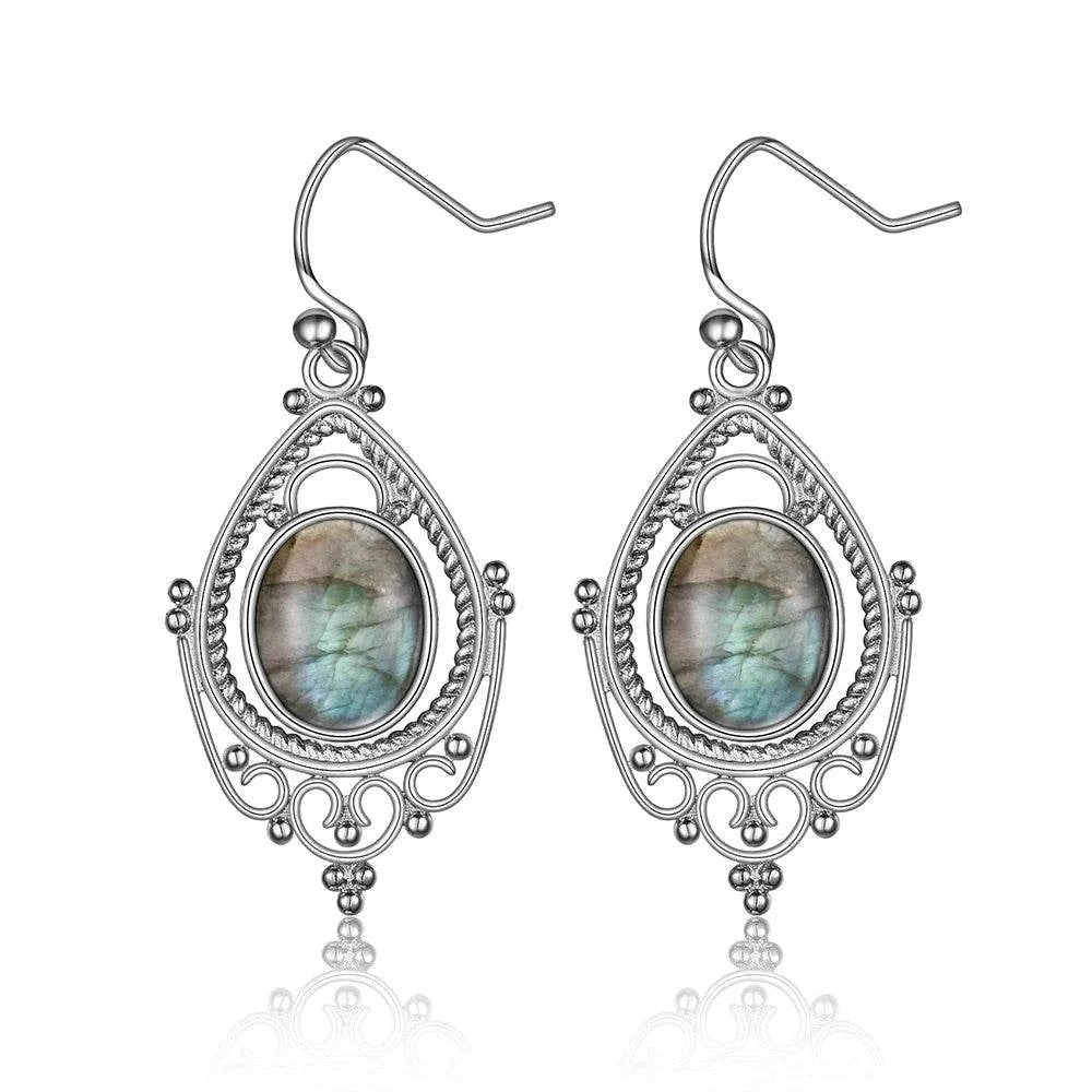 925 Sterling Silver Oval 8*10mm Natural Labradorite Earrings Vintage Ethnic Jewelry for Women Gift - Flamingo Stores