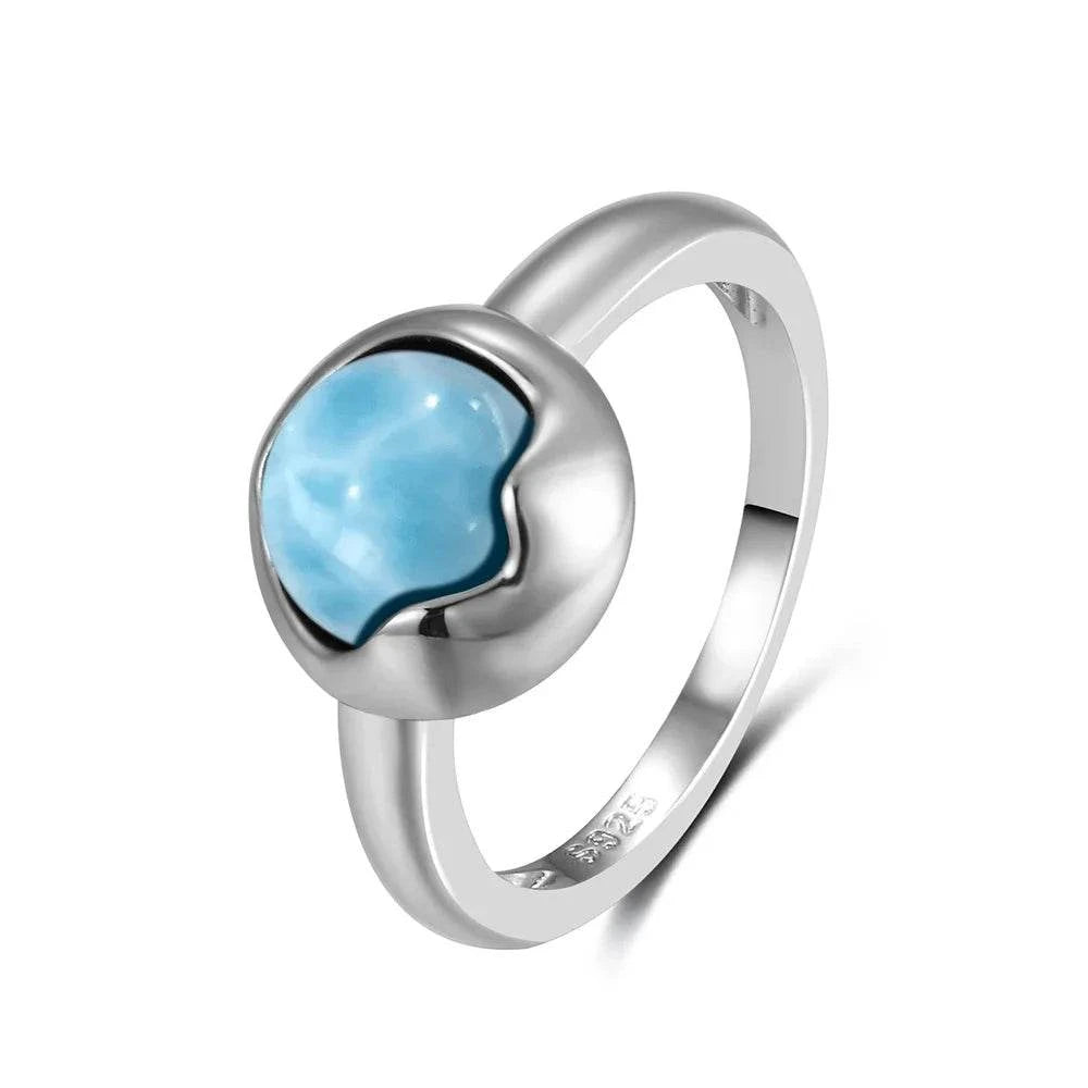 Vintage 925 Silver Natural Larimar Stone Ring Round Flower Shape Sky Blue Sea Water Ring Fine Jewelry Ring Gift For Women Men - Flamingo Stores