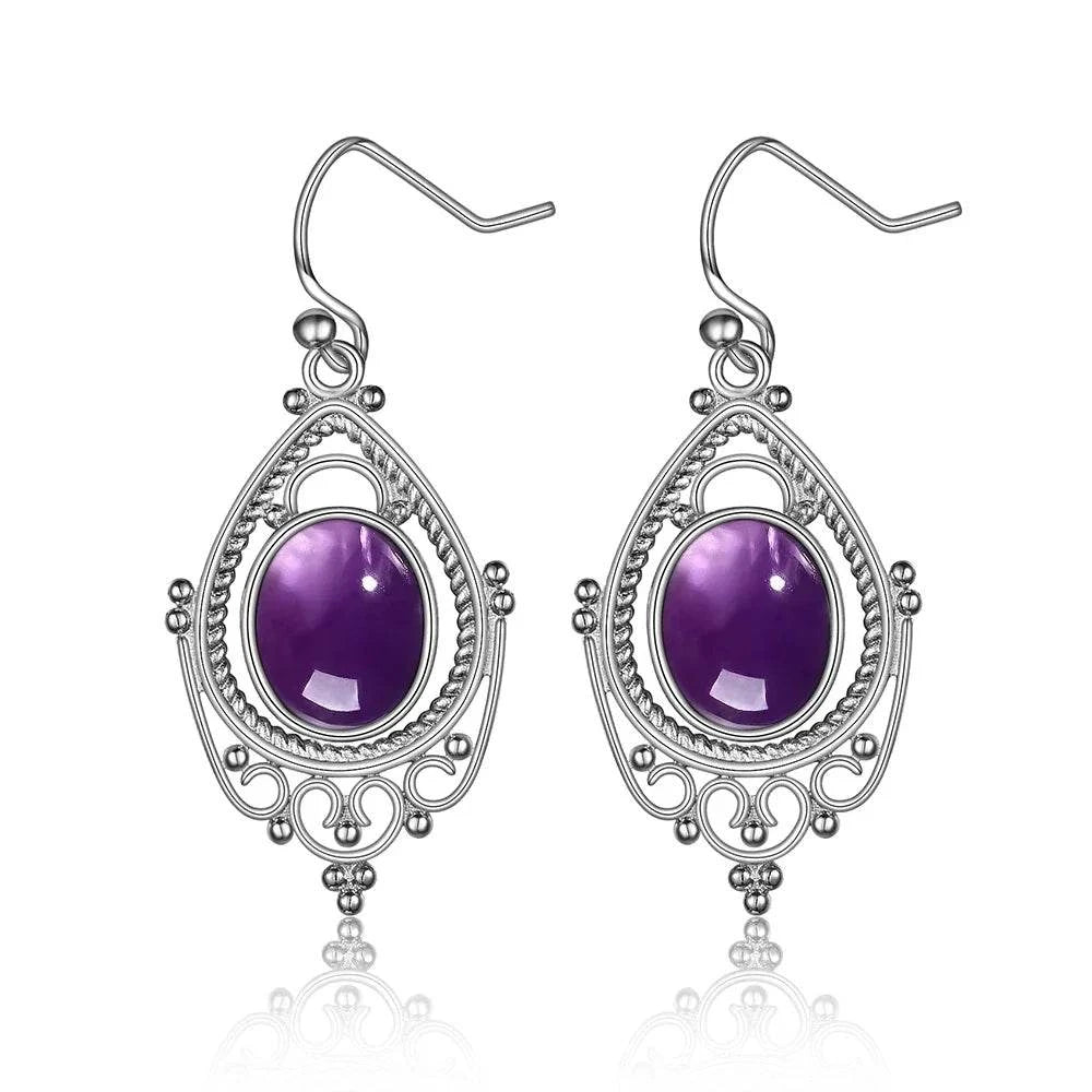 925 Sterling Silver Oval 8*10mm Natural Labradorite Earrings Vintage Ethnic Jewelry for Women Gift - Flamingo Stores