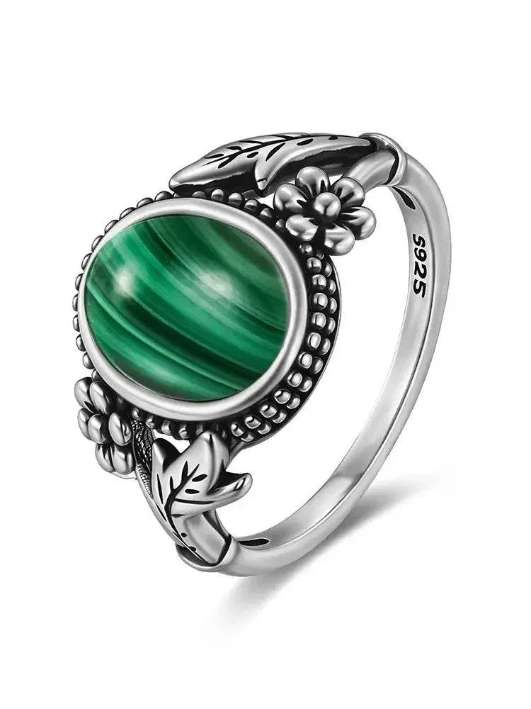 Vintage S925 Sterling Silver Ring Oval Round Natural Malachite Ring Sun And Flower Shaped Retro Fine Jewelry For Women Men - Flamingo Stores