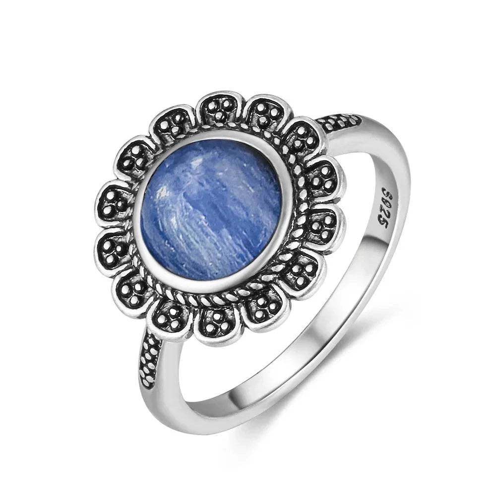Vintage S925 Sterling Silver Ring Oval Round Natural Kyanite Ring Sun And Flower Shaped Retro Fine Jewelry For Women Men - Flamingo Stores