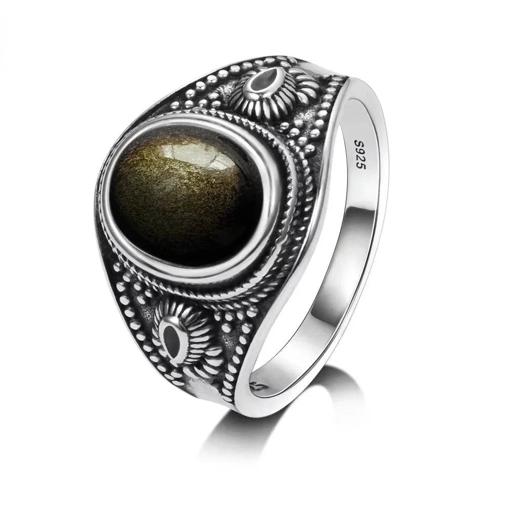 Vintage S925 Sterling Silver Ring Oval Round Natural Obsidian Ring Sun And Flower Shaped Retro Fine Jewelry For Women Men - Flamingo Stores