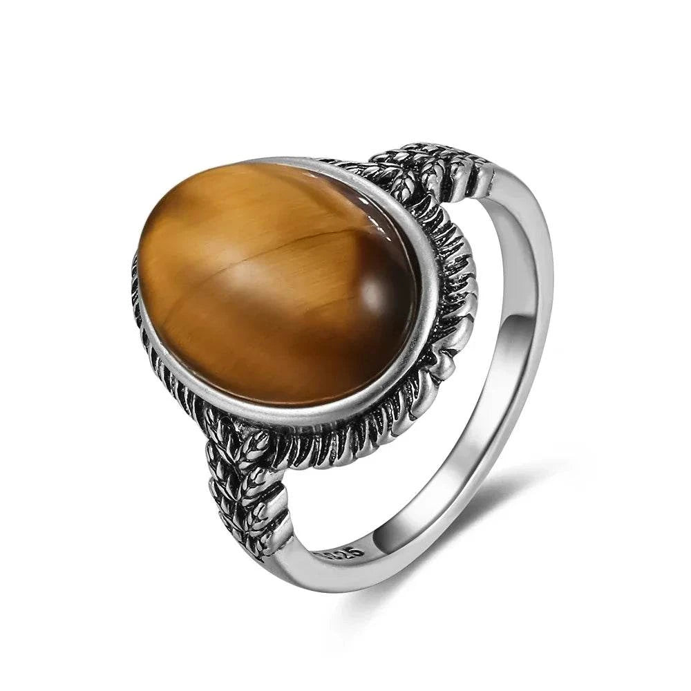 Vintage S925 Sterling Silver Ring Oval Round Natural Tiger Eye Ring Sun And Flower Shaped Retro Fine Jewelry For Women Men - Flamingo Stores