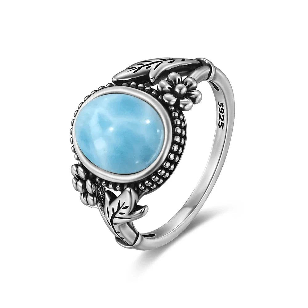 Vintage 925 Silver Natural Larimar Stone Ring Round Flower Shape Sky Blue Sea Water Ring Fine Jewelry Ring Gift For Women Men - Flamingo Stores