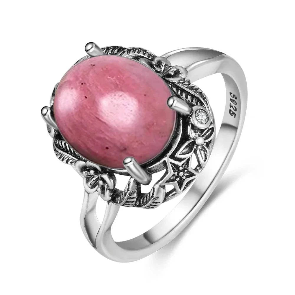 Vintage S925 Sterling Silver Ring Oval Round Natural Rhodochrosite Ring Sun And Flower Shaped Retro Fine Jewelry For Women Men - Flamingo Stores