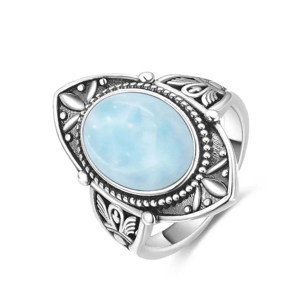 Vintage 925 Silver Natural Larimar Stone Ring Round Flower Shape Sky Blue Sea Water Ring Fine Jewelry Ring Gift For Women Men - Flamingo Stores