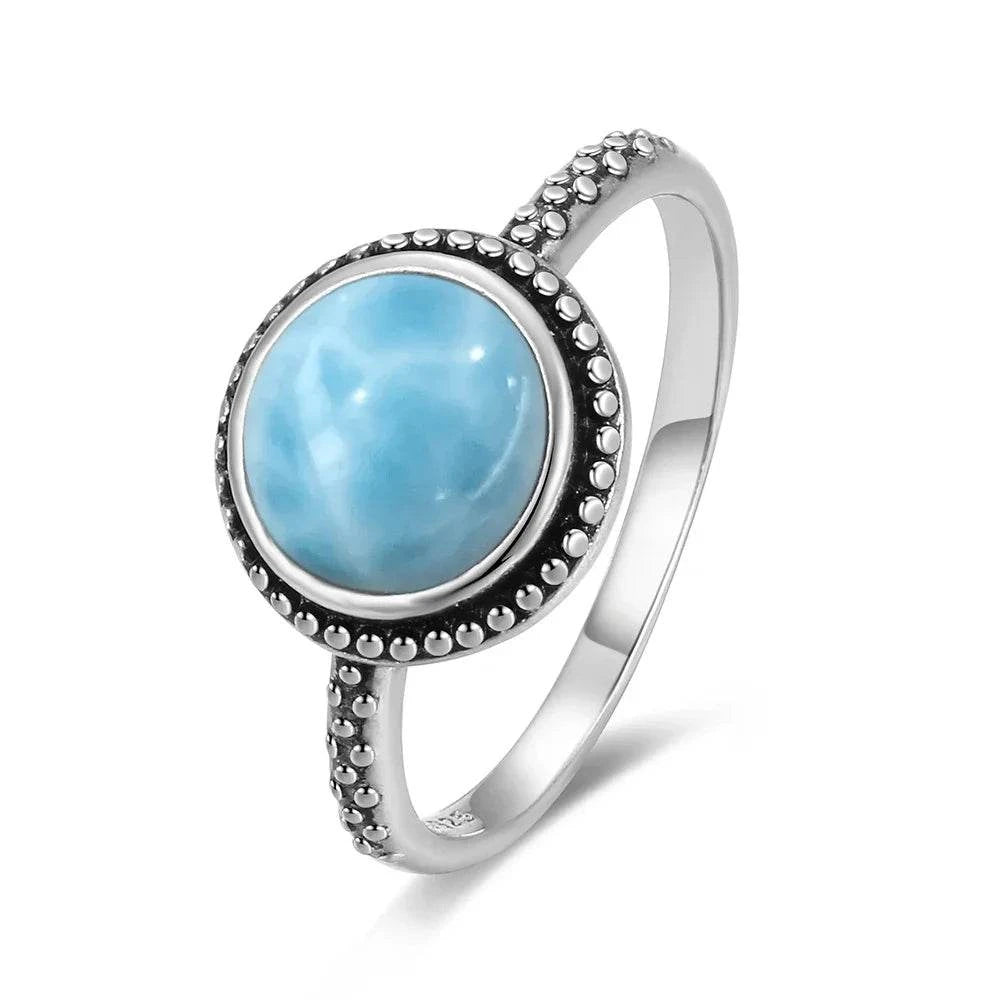 Vintage 925 Silver Natural Larimar Stone Ring Round Flower Shape Sky Blue Sea Water Ring Fine Jewelry Ring Gift For Women Men - Flamingo Stores
