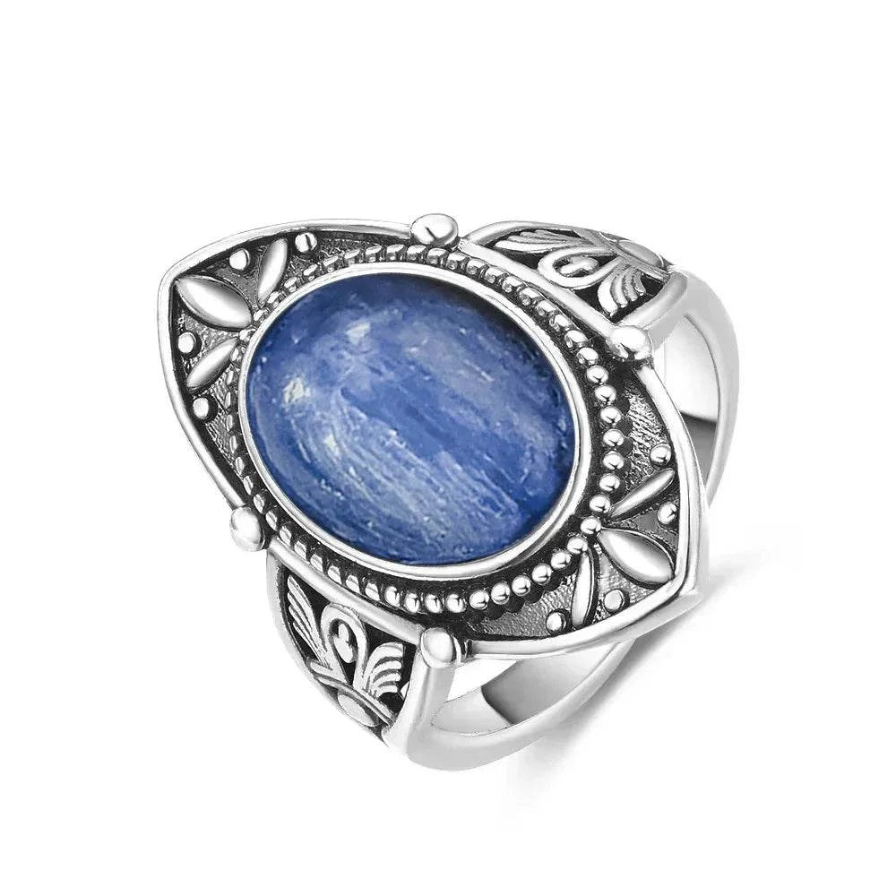 Vintage S925 Sterling Silver Ring Oval Round Natural Kyanite Ring Sun And Flower Shaped Retro Fine Jewelry For Women Men - Flamingo Stores