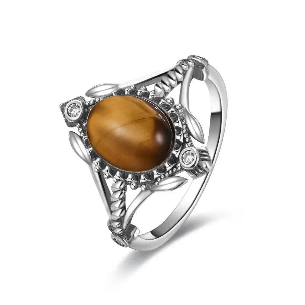 Vintage S925 Sterling Silver Ring Oval Round Natural Tiger Eye Ring Sun And Flower Shaped Retro Fine Jewelry For Women Men - Flamingo Stores