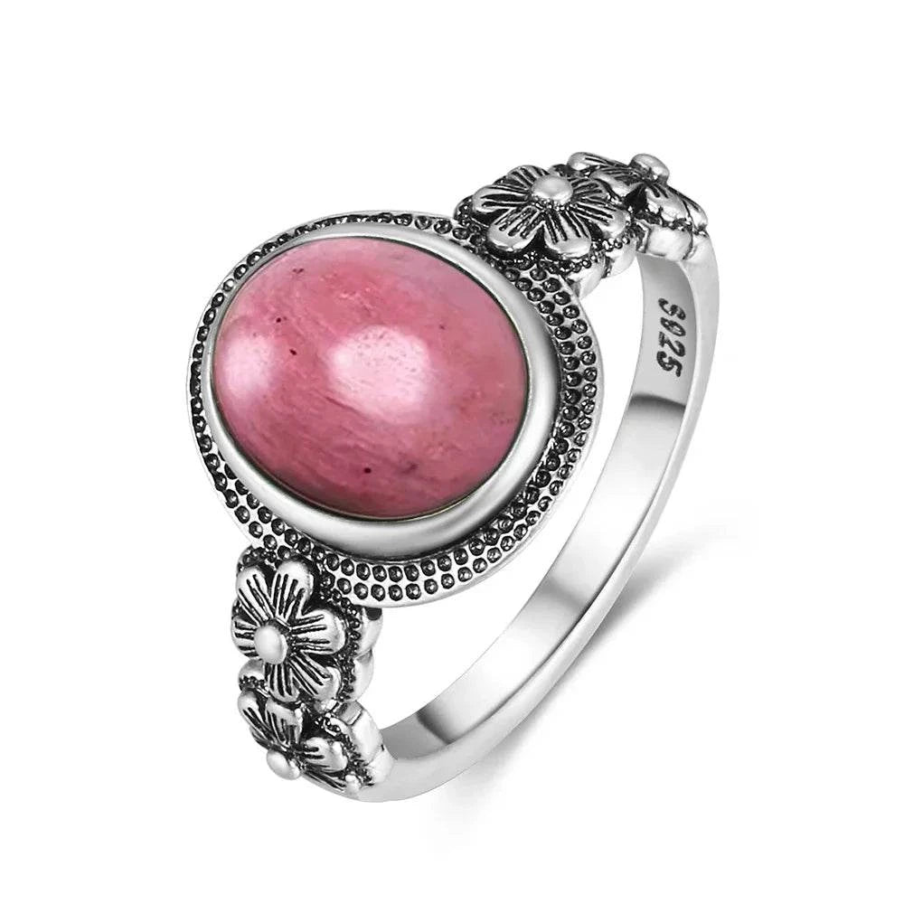 Vintage S925 Sterling Silver Ring Oval Round Natural Rhodochrosite Ring Sun And Flower Shaped Retro Fine Jewelry For Women Men - Flamingo Stores