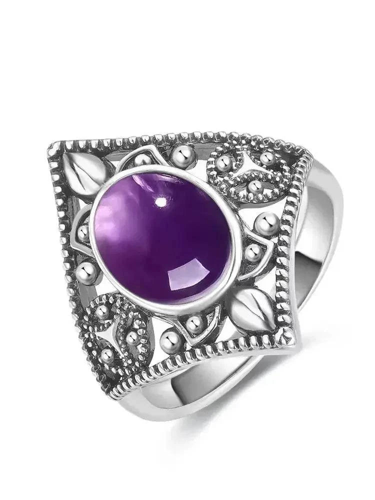 Vintage S925 Sterling Silver Ring Oval Round Natural Amethyst Ring Sun And Flower Shaped Retro Fine Jewelry For Women Men - Flamingo Stores