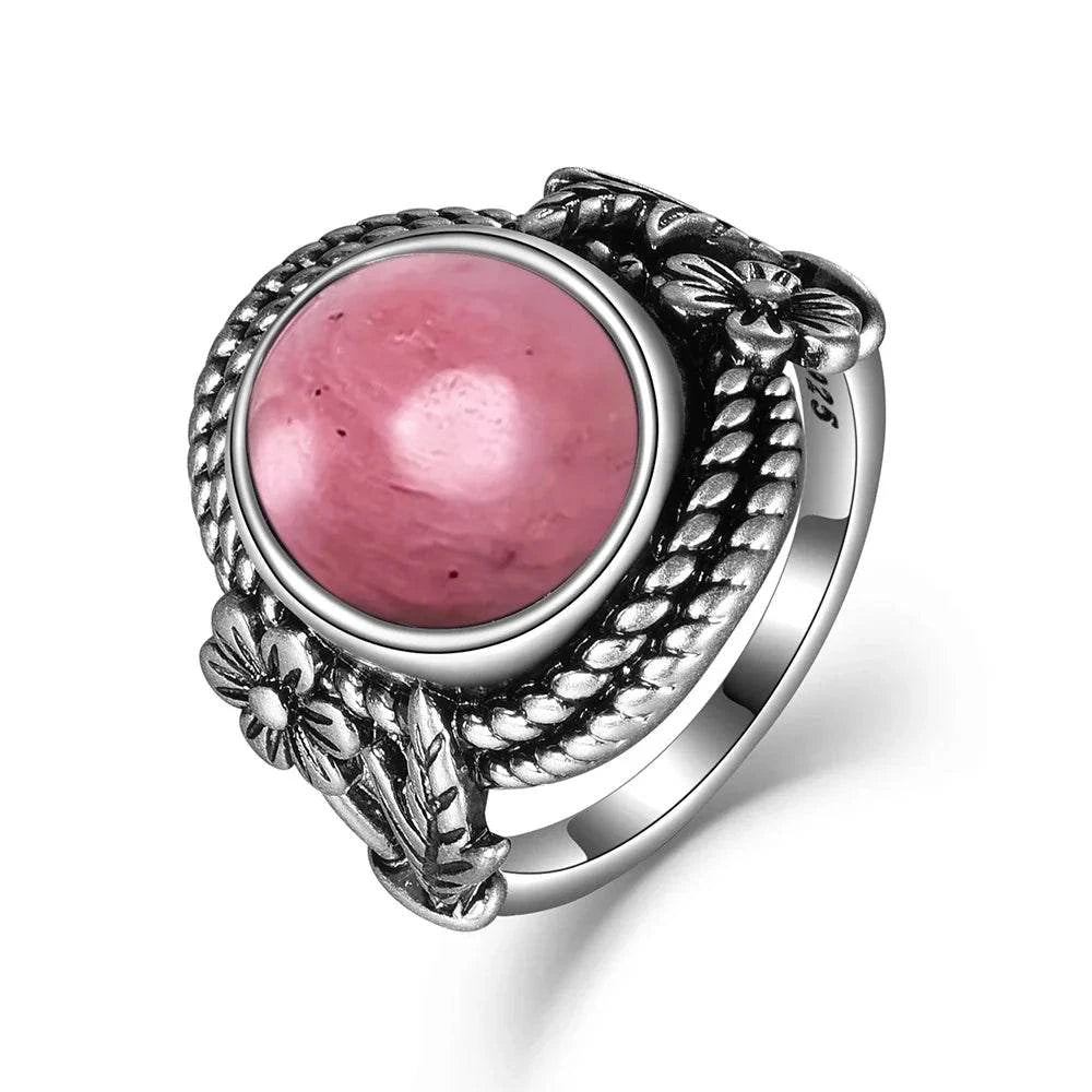 Vintage S925 Sterling Silver Ring Oval Round Natural Rhodochrosite Ring Sun And Flower Shaped Retro Fine Jewelry For Women Men - Flamingo Stores