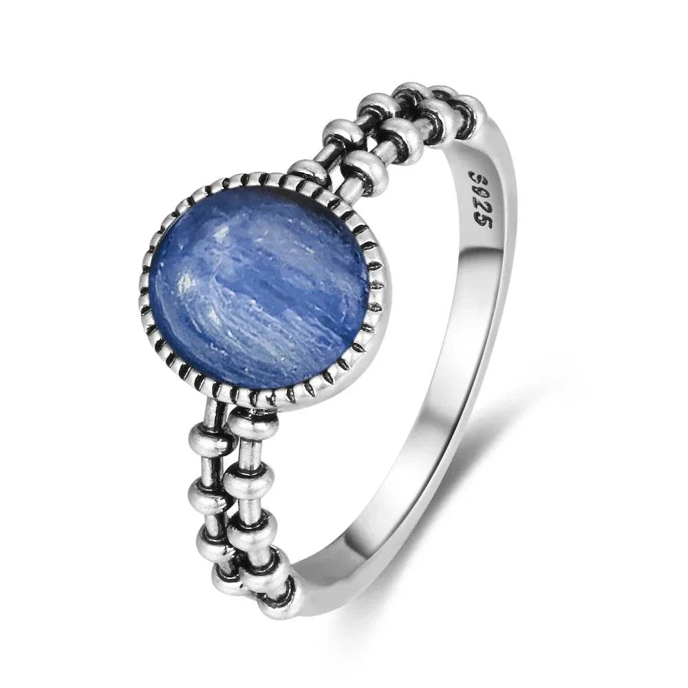 Vintage S925 Sterling Silver Ring Oval Round Natural Kyanite Ring Sun And Flower Shaped Retro Fine Jewelry For Women Men - Flamingo Stores