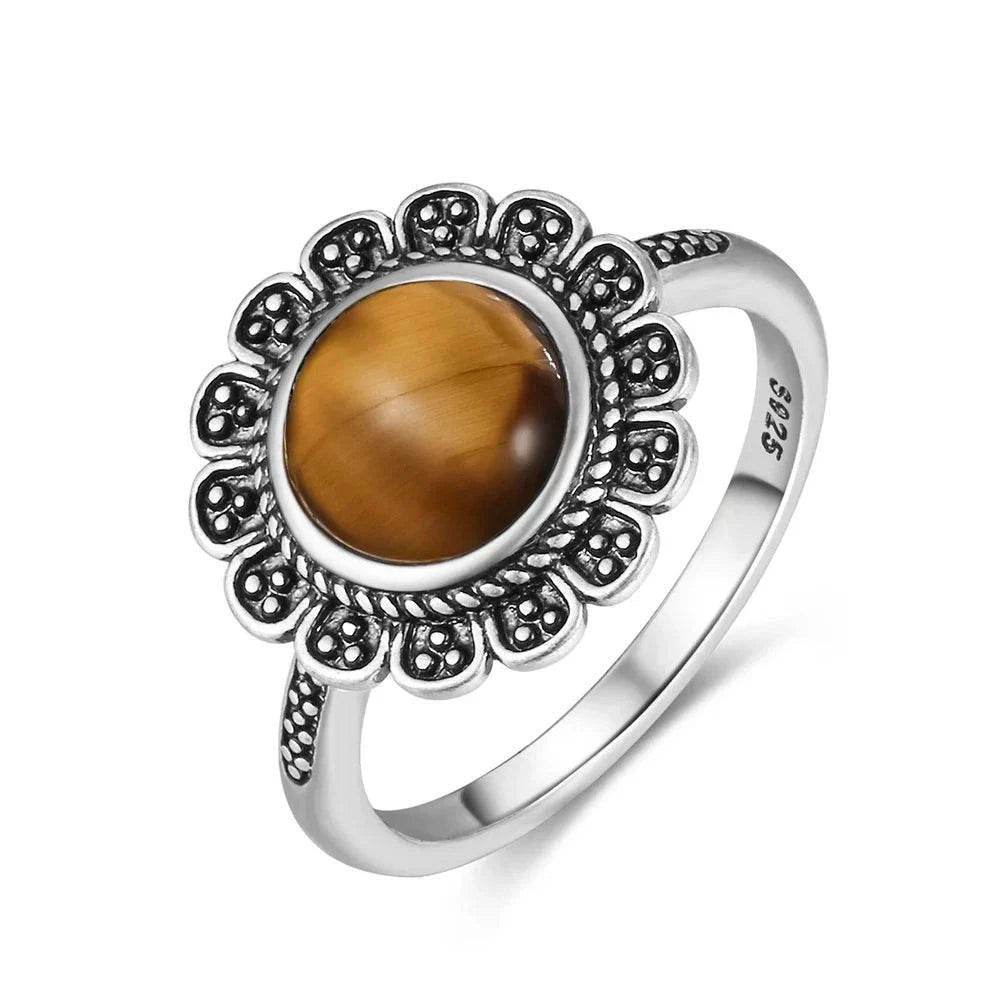 Vintage S925 Sterling Silver Ring Oval Round Natural Tiger Eye Ring Sun And Flower Shaped Retro Fine Jewelry For Women Men - Flamingo Stores