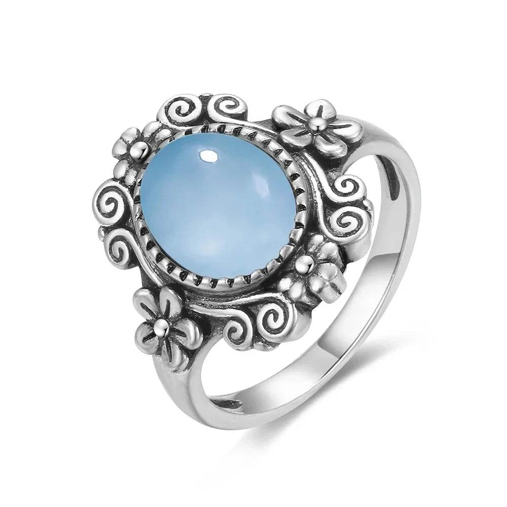 Vintage S925 Sterling Silver Ring Round Natural Lake Blue Crystal Ring Sun And Flower Shaped Retro Fine Jewelry For Women Men - Flamingo Stores