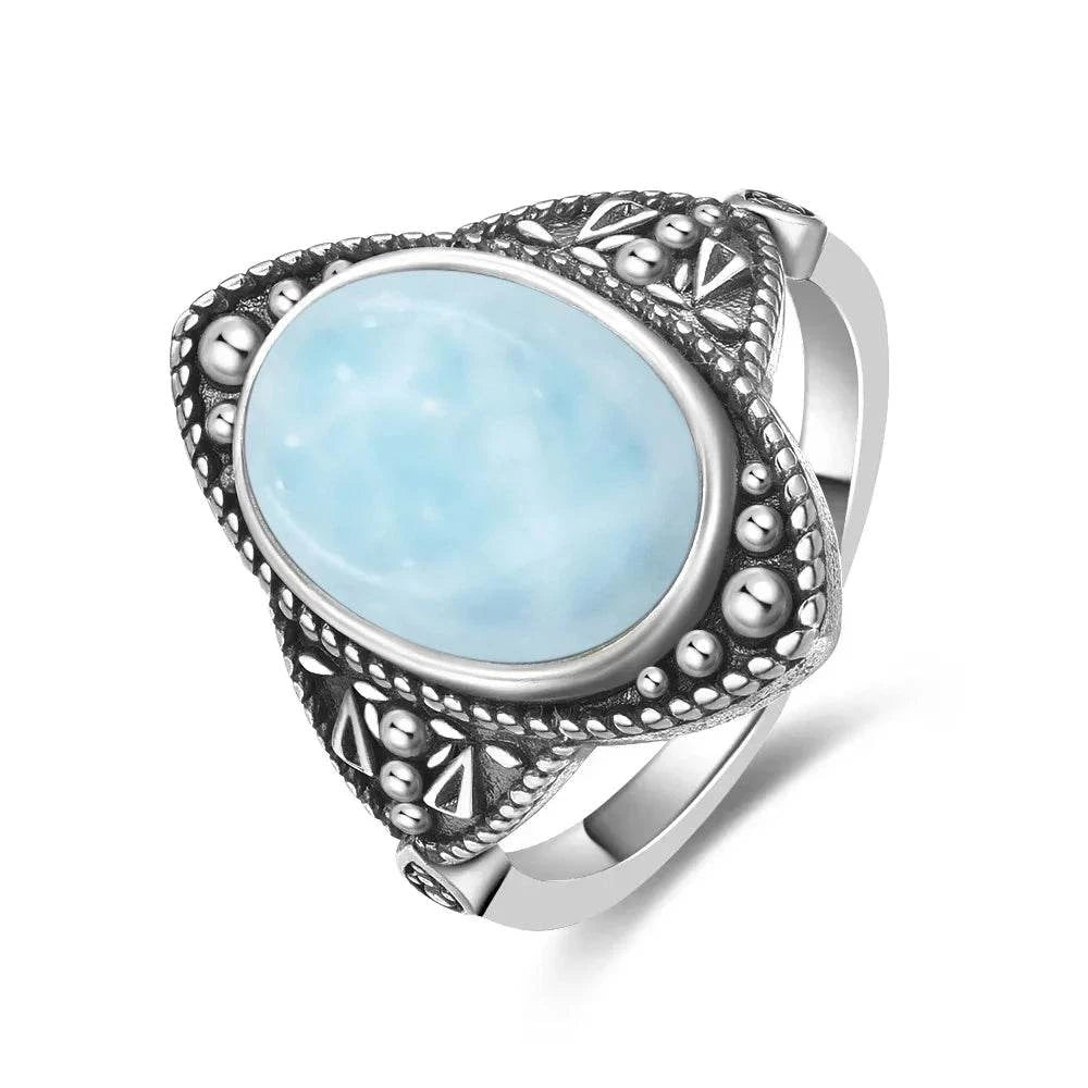 Vintage 925 Silver Natural Larimar Stone Ring Round Flower Shape Sky Blue Sea Water Ring Fine Jewelry Ring Gift For Women Men - Flamingo Stores