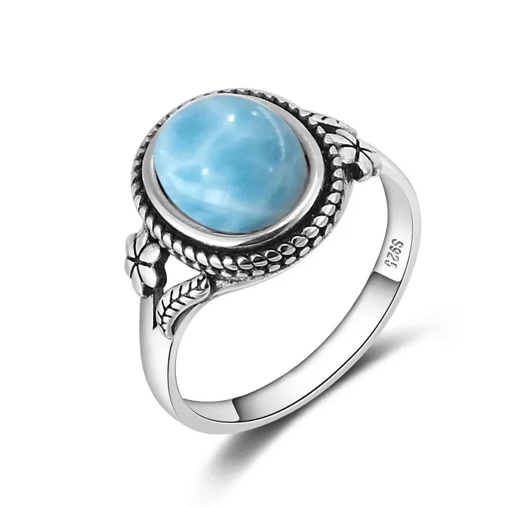 Vintage 925 Silver Natural Larimar Stone Ring Round Flower Shape Sky Blue Sea Water Ring Fine Jewelry Ring Gift For Women Men - Flamingo Stores