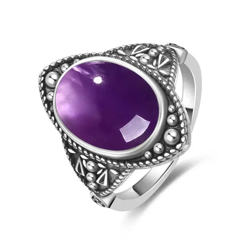 Vintage S925 Sterling Silver Ring Oval Round Natural Amethyst Ring Sun And Flower Shaped Retro Fine Jewelry For Women Men - Flamingo Stores