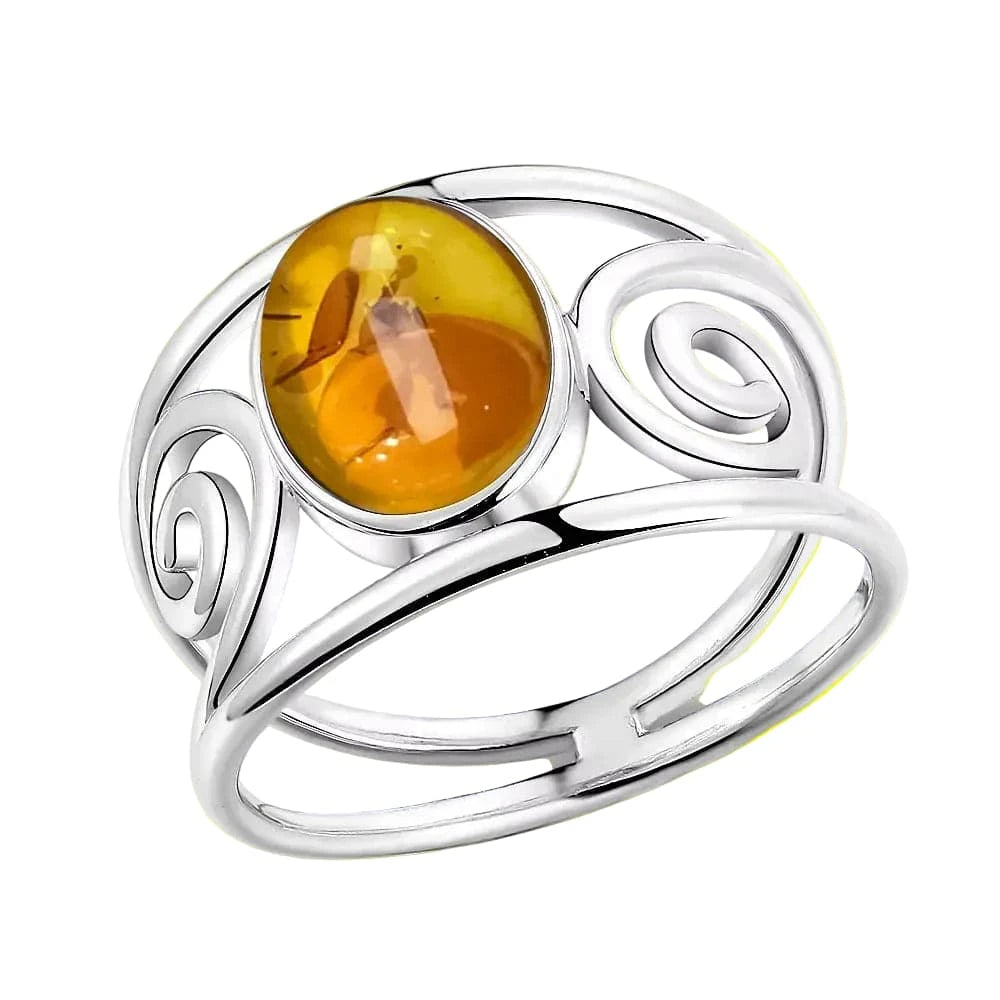S925 Sterling Silver Ring With Natural Amber Stone Flower Shape Oval Petal Amber Stone Gifts Fine Jewelry For Women Flamingo Stores
