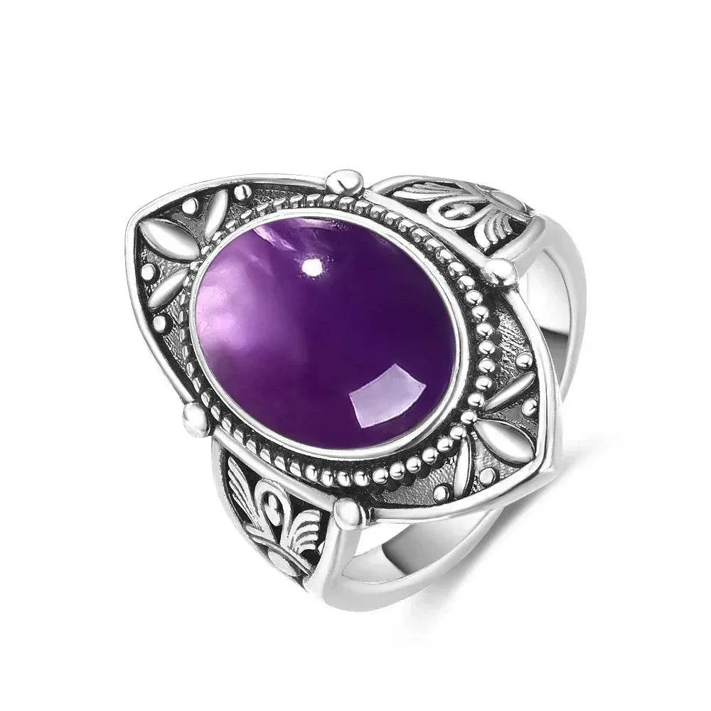 Vintage S925 Sterling Silver Ring Oval Round Natural Amethyst Ring Sun And Flower Shaped Retro Fine Jewelry For Women Men - Flamingo Stores