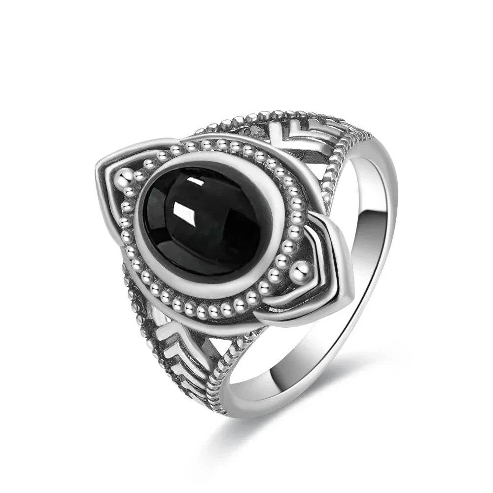 925 Silver Vintage Ring Natural Black Agate Denier Type Horse Eye Design for Women Exquisite Packing Gift Fine ring - Flamingo Stores