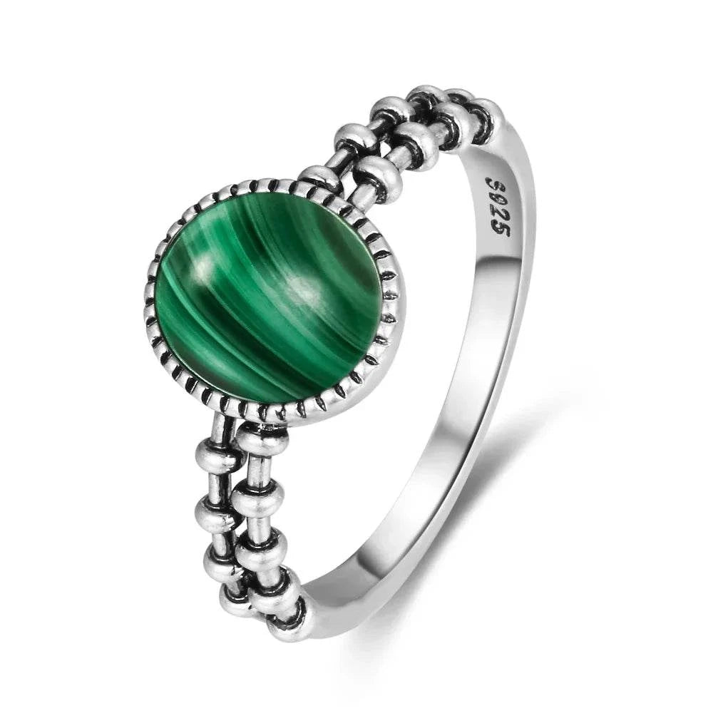 Vintage S925 Sterling Silver Ring Oval Round Natural Malachite Ring Sun And Flower Shaped Retro Fine Jewelry For Women Men - Flamingo Stores