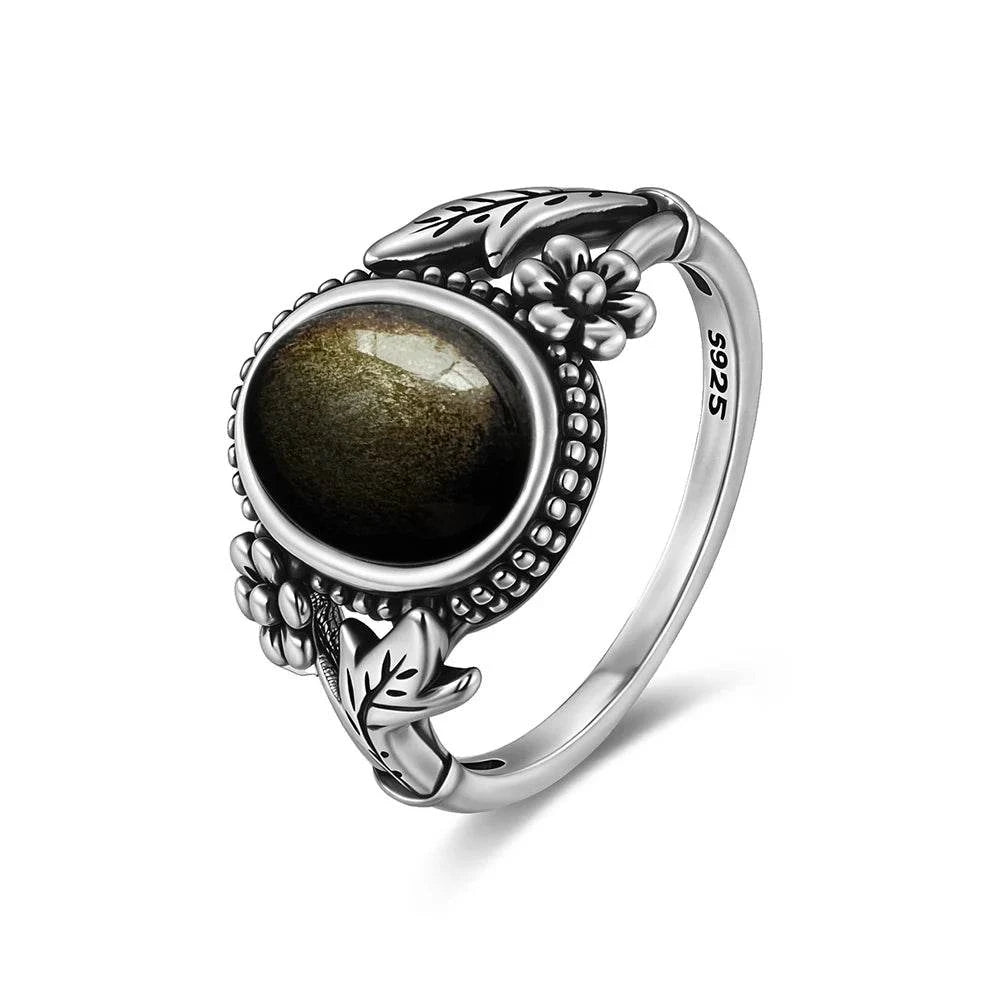 Vintage S925 Sterling Silver Ring Oval Round Natural Obsidian Ring Sun And Flower Shaped Retro Fine Jewelry For Women Men - Flamingo Stores