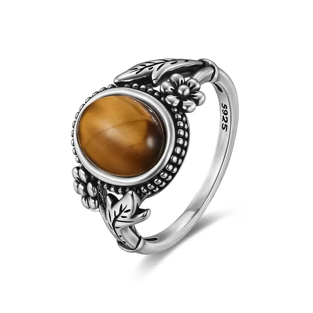 Vintage S925 Sterling Silver Ring Oval Round Natural Tiger Eye Ring Sun And Flower Shaped Retro Fine Jewelry For Women Men - Flamingo Stores