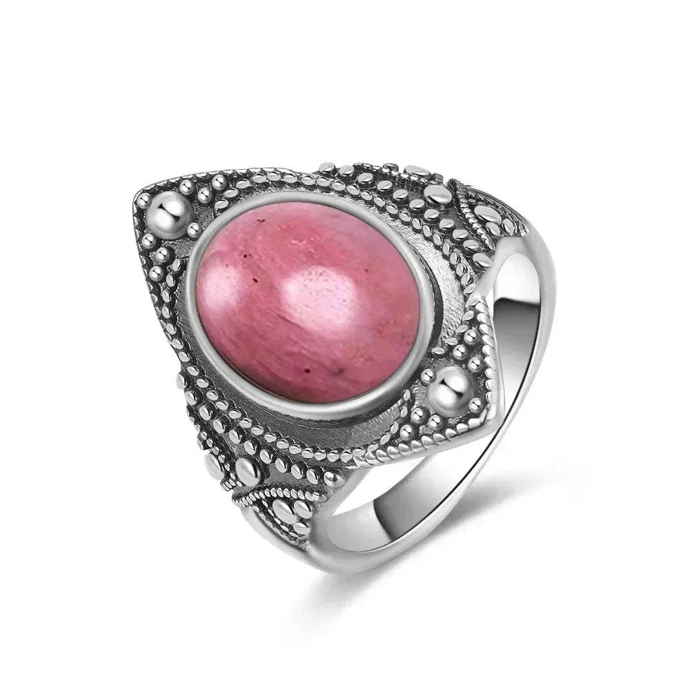 Vintage S925 Sterling Silver Ring Oval Round Natural Rhodochrosite Ring Sun And Flower Shaped Retro Fine Jewelry For Women Men - Flamingo Stores