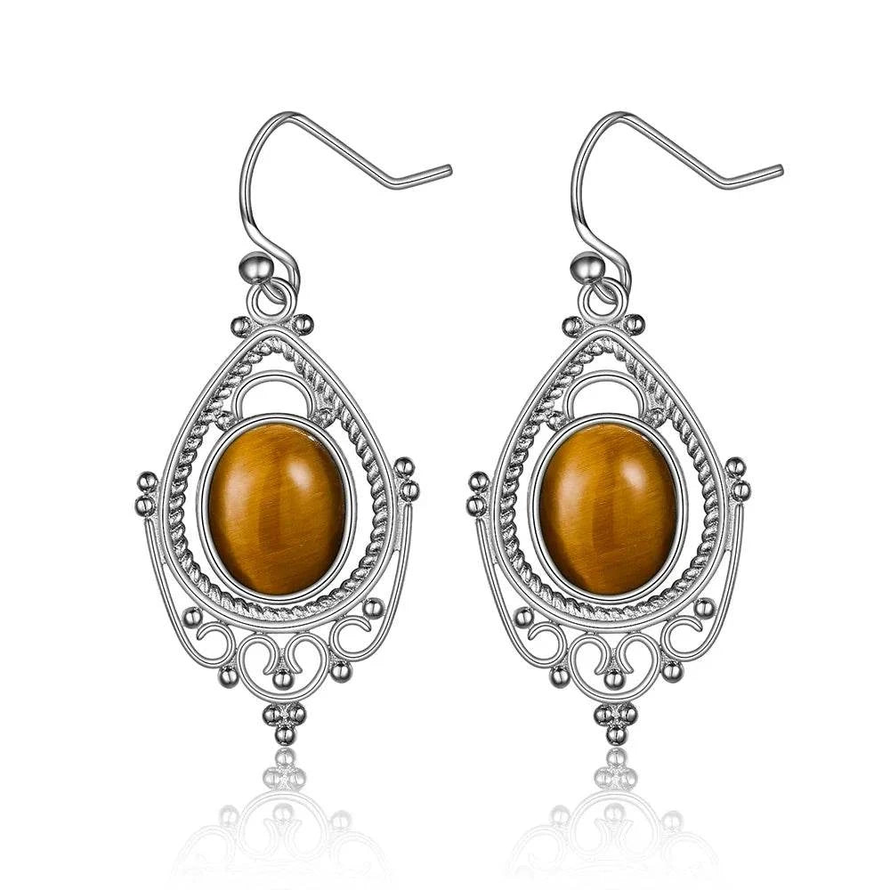 925 Sterling Silver Oval 8*10mm Natural Labradorite Earrings Vintage Ethnic Jewelry for Women Gift - Flamingo Stores