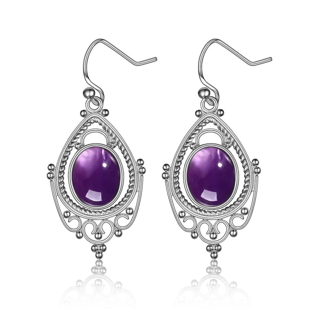 925 Sterling Silver Oval 8*10mm Natural Labradorite Earrings Vintage Ethnic Jewelry for Women Gift - Flamingo Stores