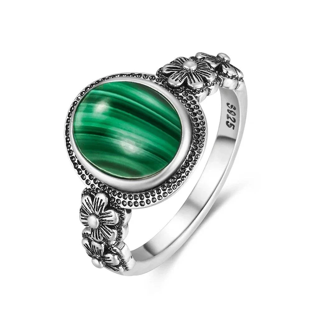 Vintage S925 Sterling Silver Ring Oval Round Natural Malachite Ring Sun And Flower Shaped Retro Fine Jewelry For Women Men - Flamingo Stores